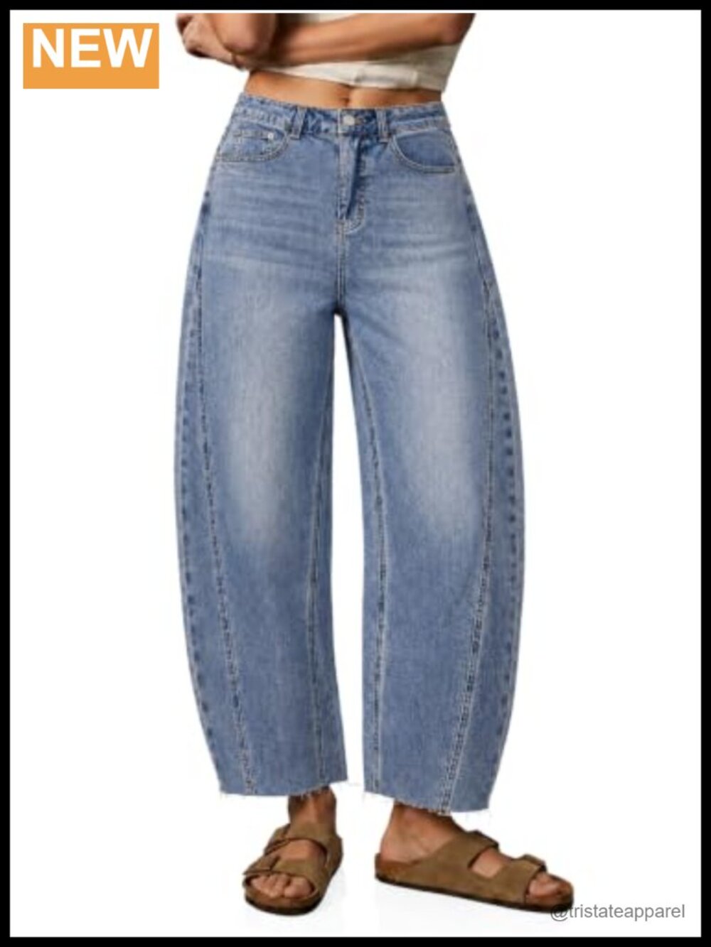 High Waisted Barrel Jeans Loose Cropped Raw Hem Cotton Denim Pants